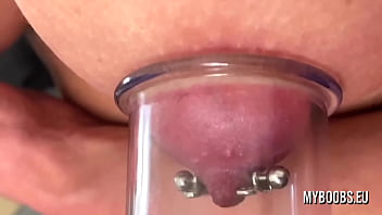 Big Tits MILF pump her nipples very hard and play with piercing nipple