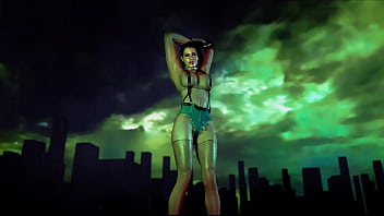 Toned wanton Jill Valentine in slutty outfit dancing against acidic sky