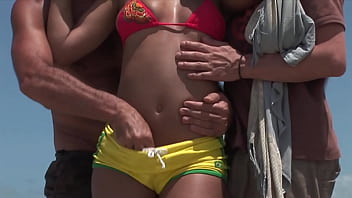 Threesome on beach with black mom