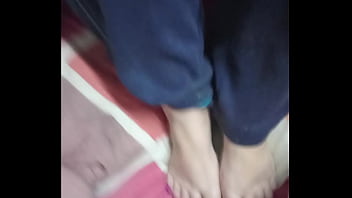 Stacy mom milf gives stepson a very kinky footjob , jizz over her sexy feet