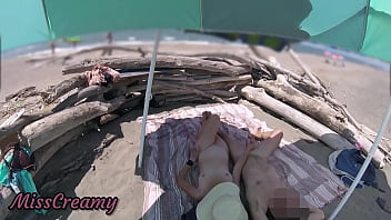 #2 Exhibitionist Wife Outdoor Amateur Milf Handjob Big Cock on Nudity Beach public in front of voyeur with cumshot - MissCreamy