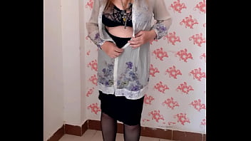 MariaOld milf with natural big tits teasing in black stockings and high heels shoes
