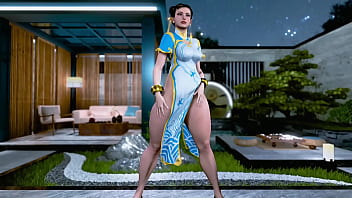 Thick enticing Chun Li poses solo in a revealing dress without panties