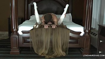 Longhaired blonde milf wearing thigh high knit stockings fucked on the bed