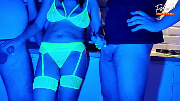 Wife sucks 2 cocks in neon light. Threesome. Full scene. Ep 4611