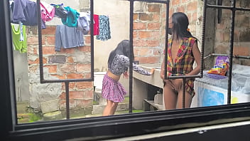 Housewives make homemade porn after doing laundry at home. They're hot sluts.