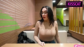 Stepson fucks stepmom's mouth in Mc toilet to improve her coffee with sperm