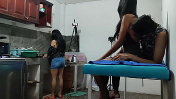 A woman visits her friend, and then a neighbor arrives to have a romance at the house. They touch each other and want to fuck.