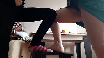 Middle aged woman and student masturbate on chairs