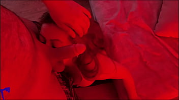 Latina MILF under Red Light Sucks Balls, Spits on Dick, Handjob and Huge Facial Cumshot