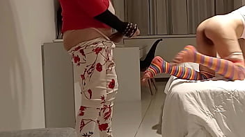 Hot stepsister sucks her stepbrother's cock in women's clothes and then gets fucked doggystyle