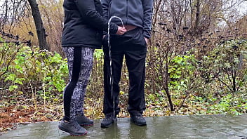 Sports stepmother-in-law after jogging in the park holds son-in-law's penis