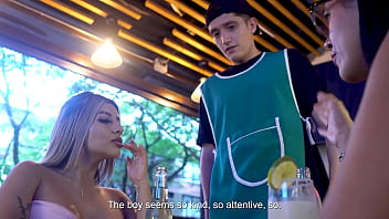 Hotel waiter agrees to go out with a client and her stepmother, and they end up having rough, wild sex.