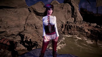 Pirate queen Lara Croft seductively dances on the coast before storm