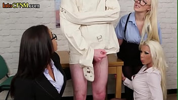 CFNM group of dominas suck and jerk cock of lunatic