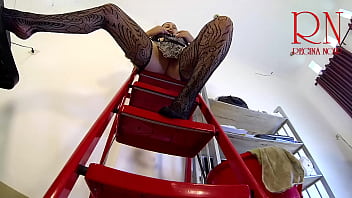 The cleaner maid without panties in the office does tidying up. Wash wall lamp. c3