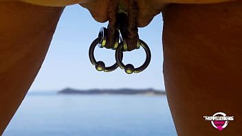 Nippleringlover kinky mother double rings in extreme pierced nipples fingering pierced pussy and pissing at nude beach