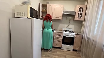 Step Mom with a big ass satisfied her son with her anal in the kitchen