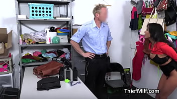 Latina milf suspect with butt plug gags on officers dick