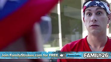 Stepmom and Stepdaughter Share a Cock During a Family BBQ, Sucking and Fucking